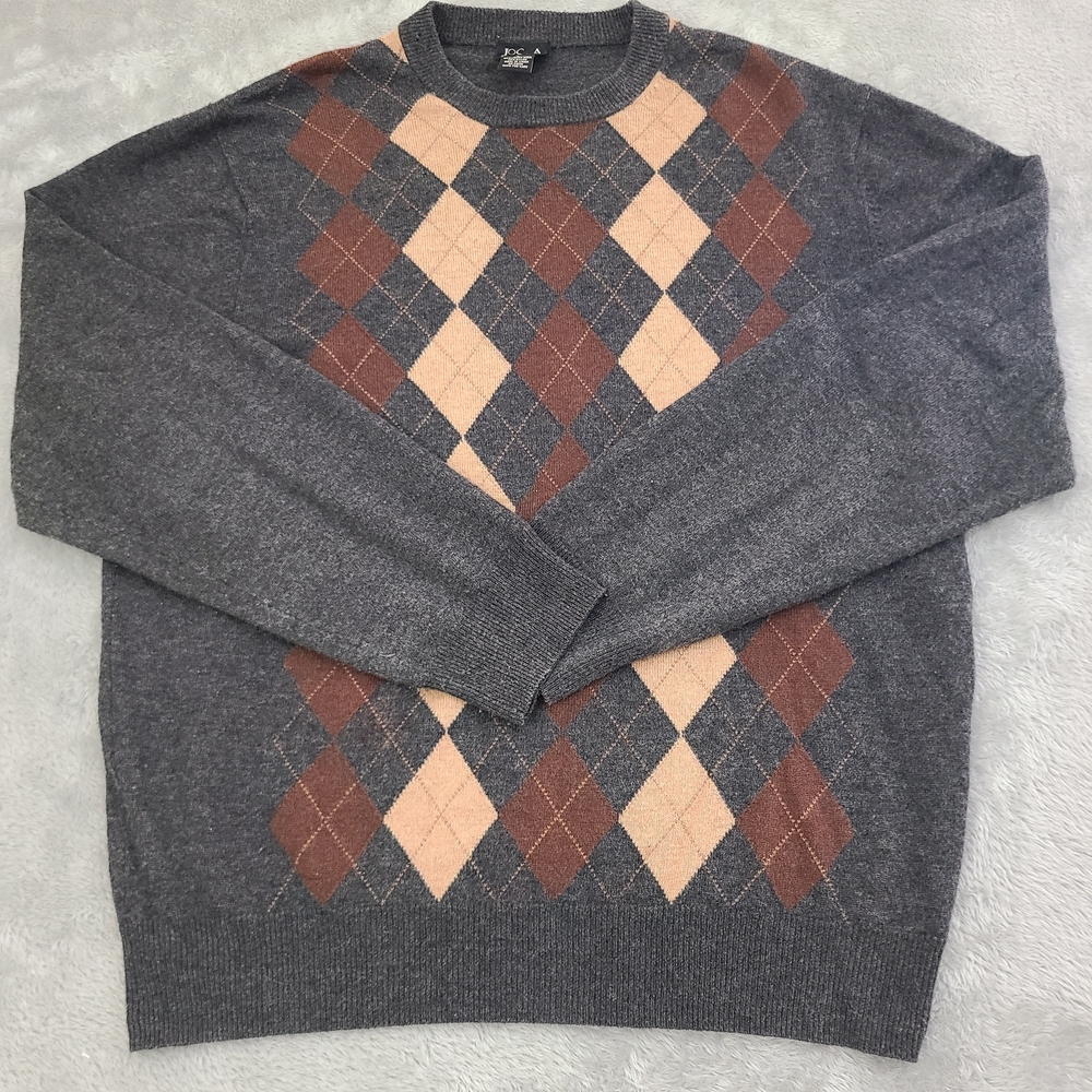 Men's Argyle Sweater Gray, Brown, and Tan Lambs Wool Blend Size Large